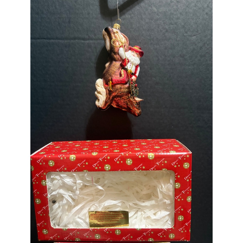 RARE Handcrafted Dillard's Trimmings Glass Ornament Santa Riding Bull Cowboy
